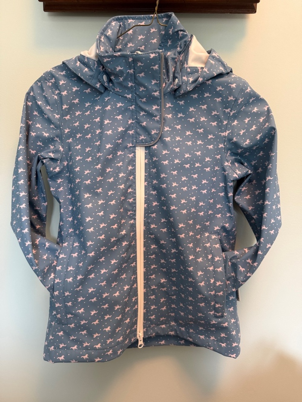 Horseware Blue Printed Hooded Rain Jacket with Pink Horse Print Size 5/6